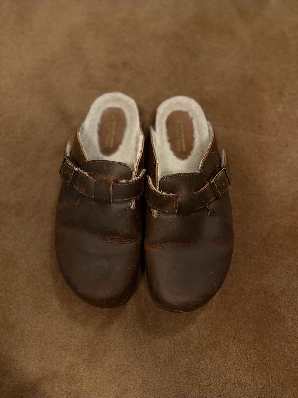 White Mountain Brown Leather Shearling-Lined Clogs